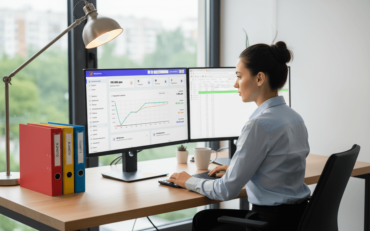 Accountant working with dual monitors managing multiple client portfolios