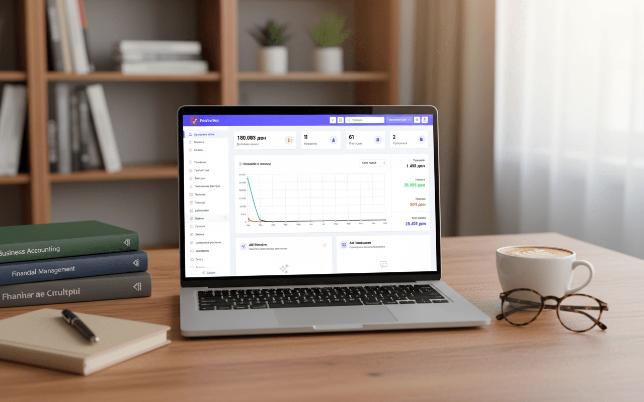 Laptop with accounting books and coffee on wooden desk