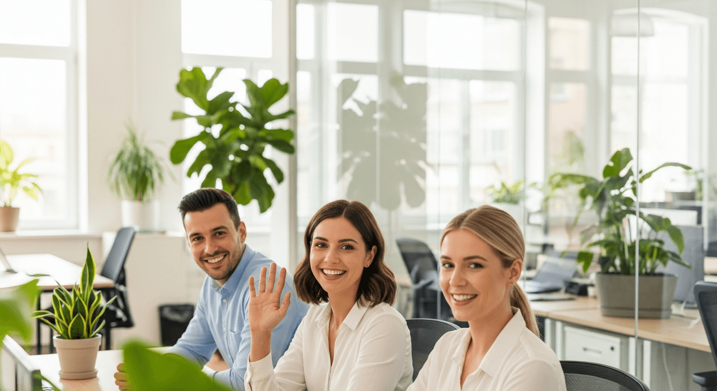Friendly team in bright modern office waving and smiling