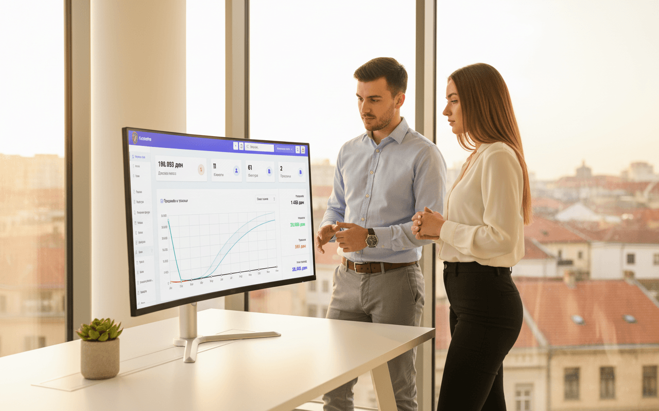 Modern office workspace with team collaborating on financial software