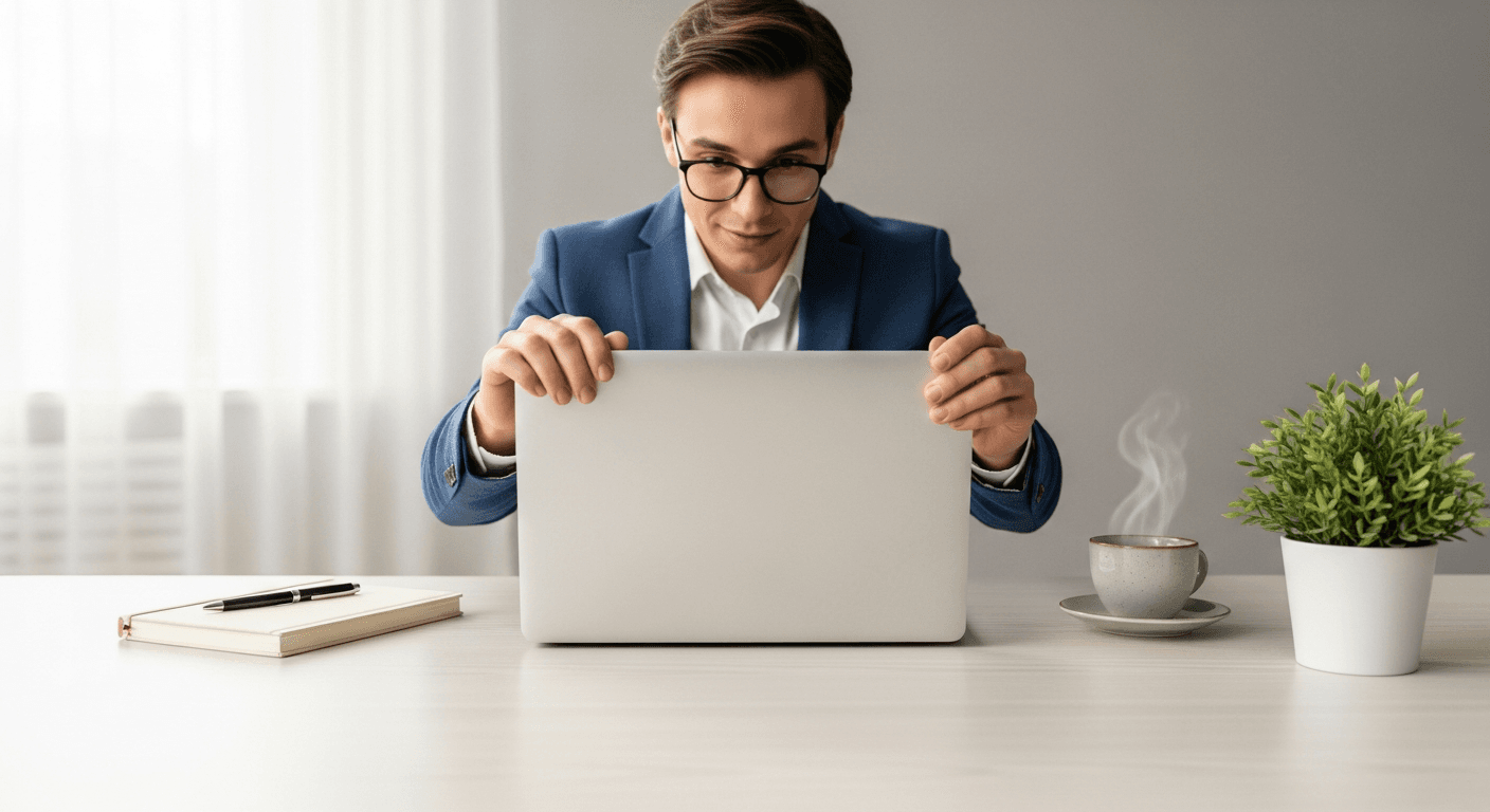 Professional opening laptop at clean desk - getting started concept