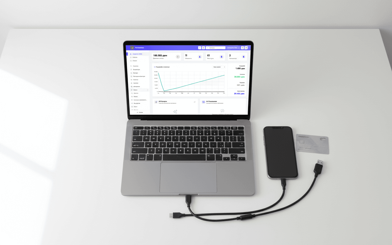 Connected devices - laptop, phone and bank card on clean desk
