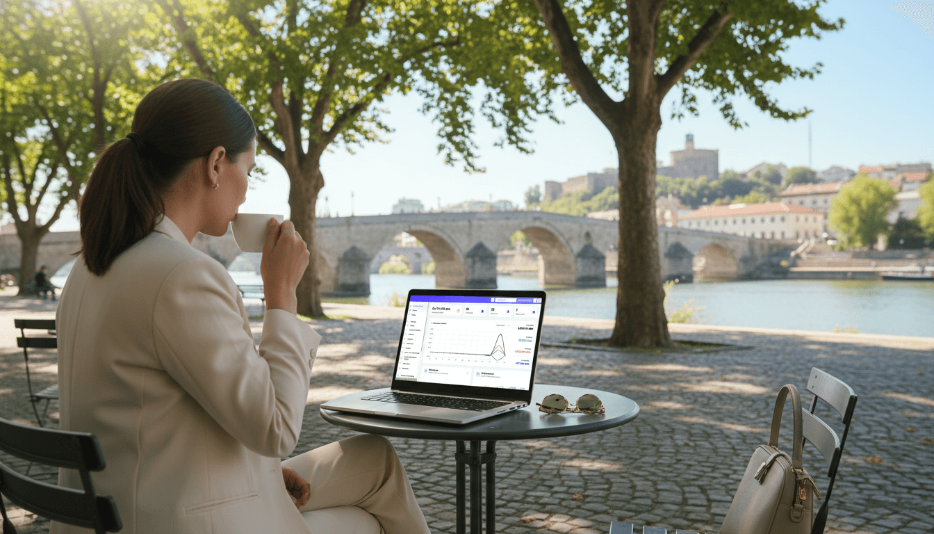 Accountant using Facturino on laptop at a cafe by the Stone Bridge, Skopje