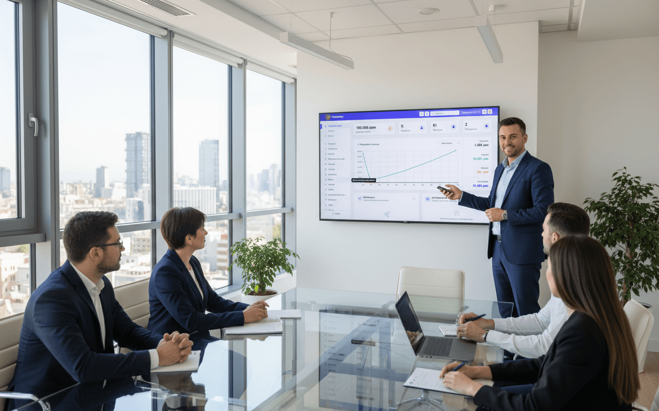 Product demonstration on large screen in modern meeting room