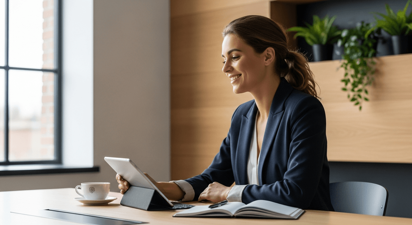 Entrepreneur reviewing pricing plans on tablet in modern office