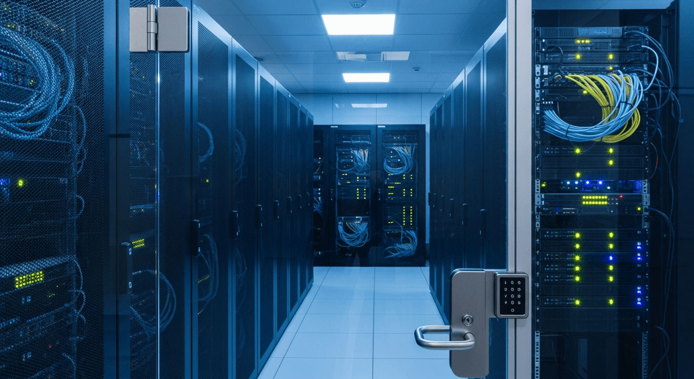 Modern secure server room with blue LED lighting