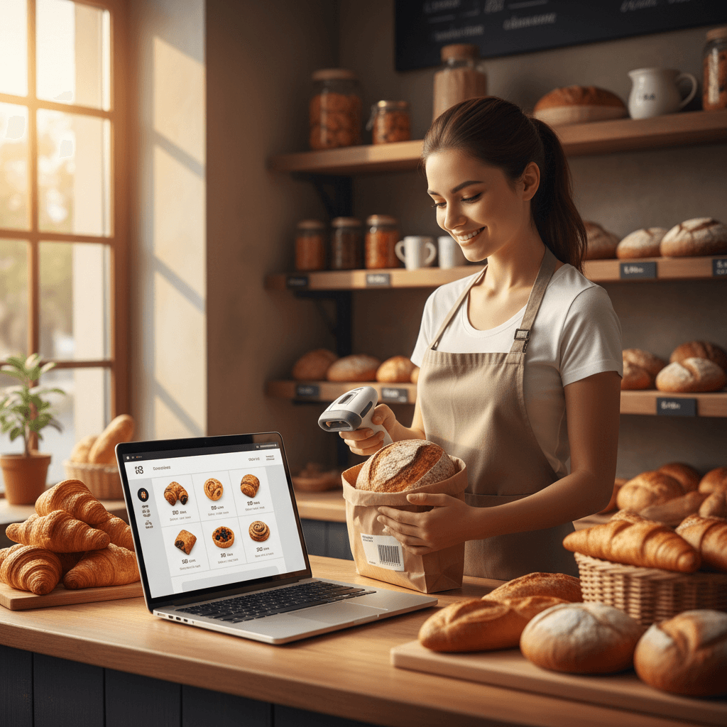 Bakery owner scanning barcode with POS