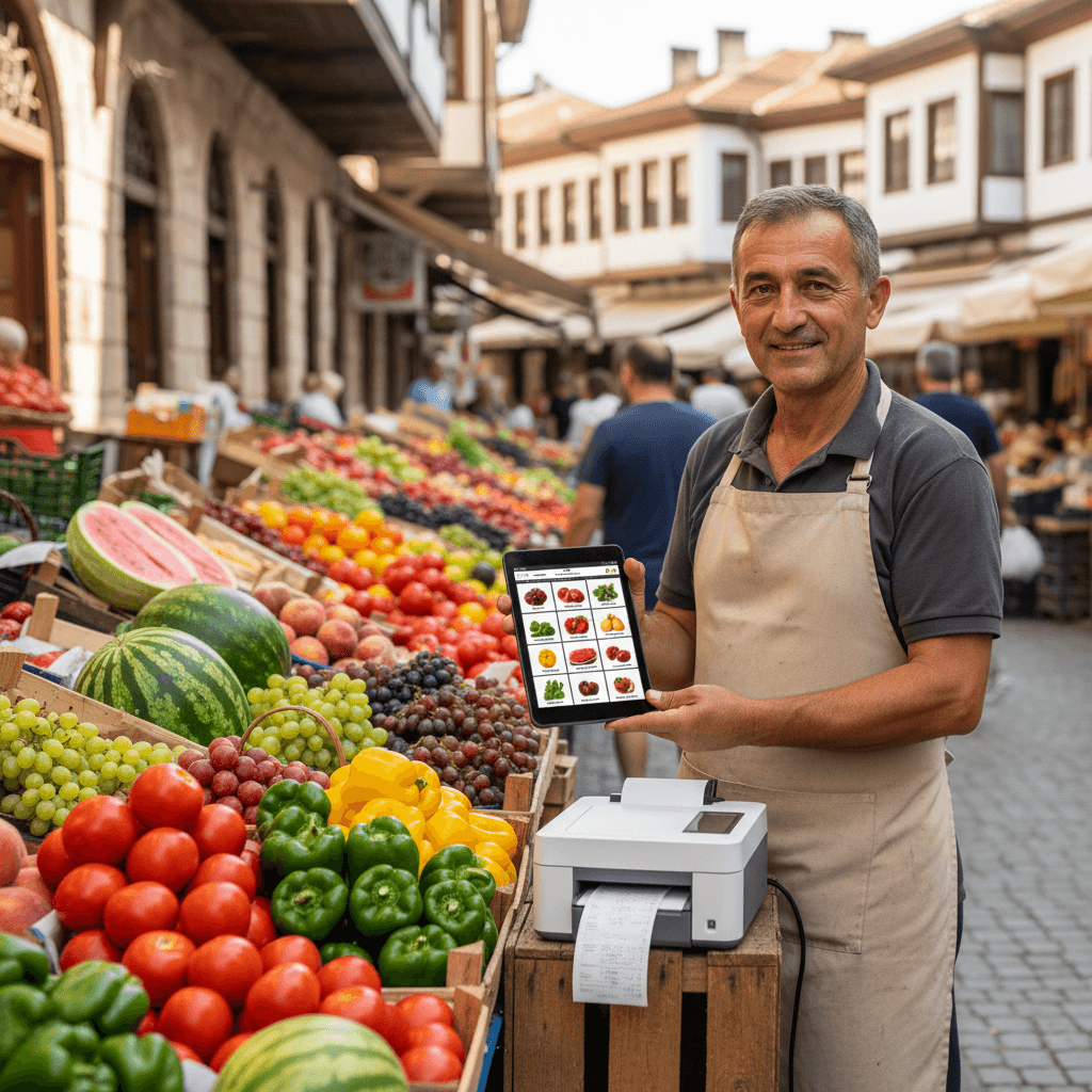 Market vendor using POS with fiscal printer