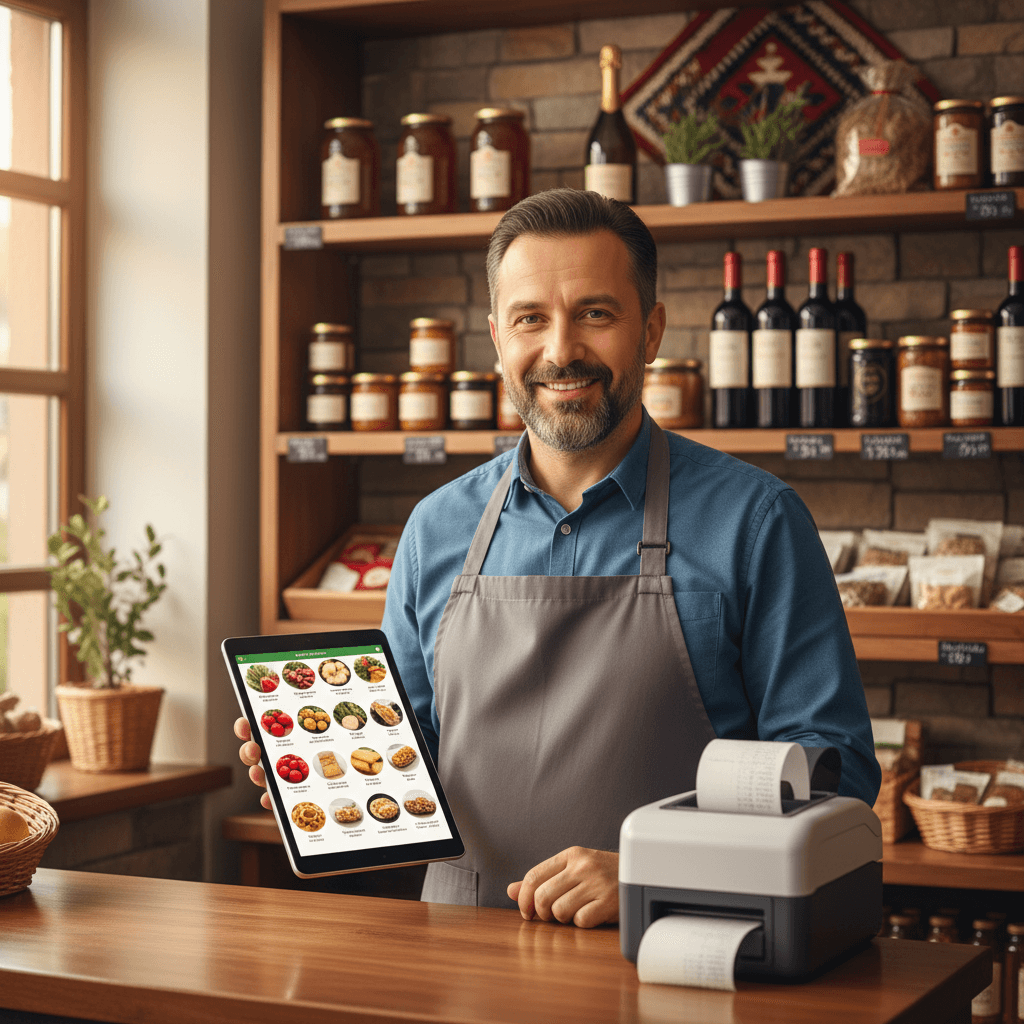 Macedonian shop owner using Facturino POS on tablet with fiscal printer