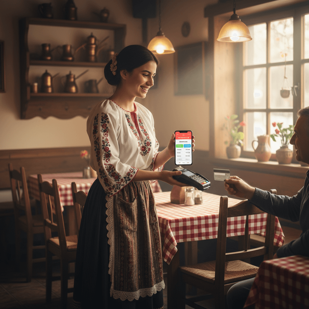 Macedonian kafana waitress taking payment on phone with Facturino POS
